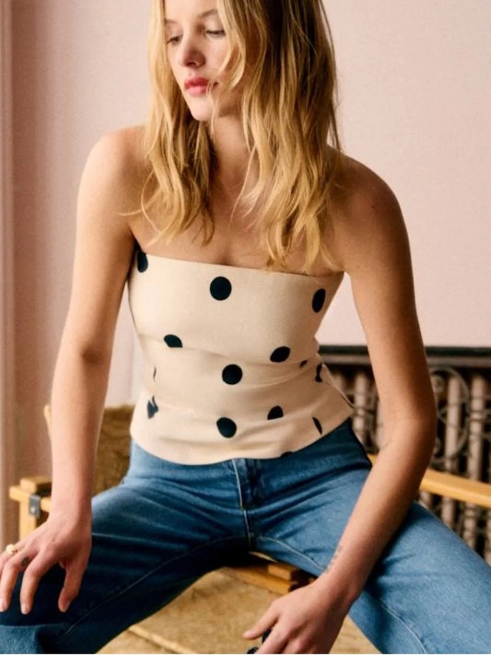 SEZANE EDITIONS Ecru Cream & Black Polka Dot Printed Linen Strapless Peplum Top - Picture 17 of 17